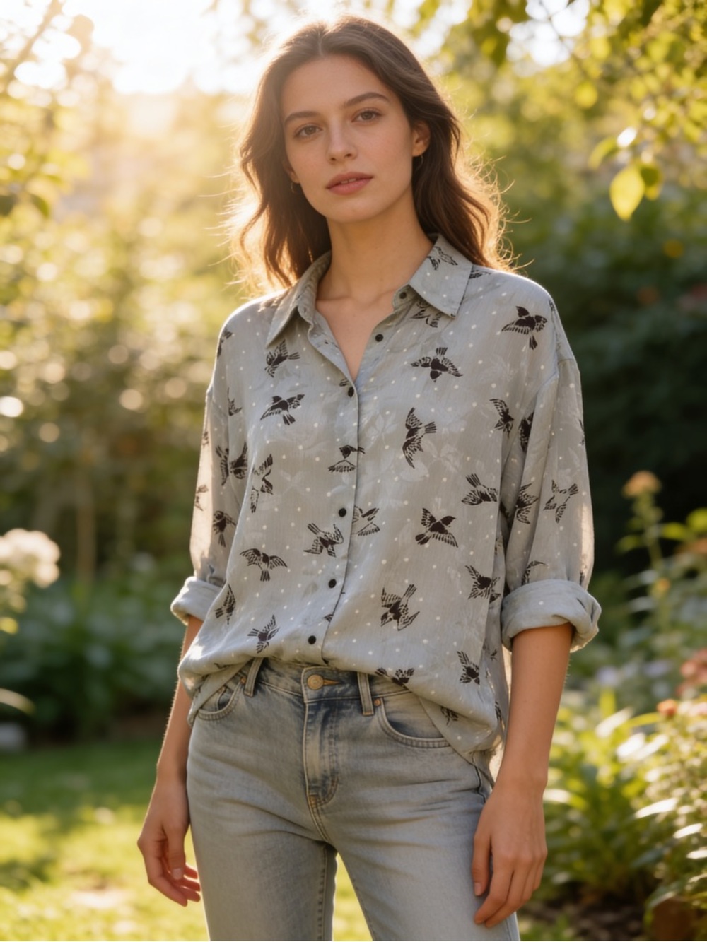 Zara Light Gray Button-Down Shirt with Bird Print